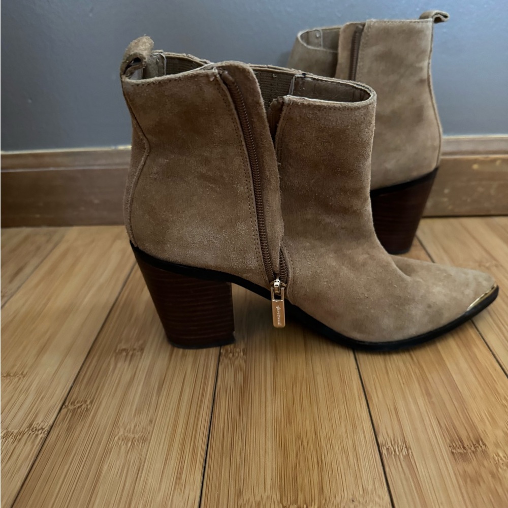 Women's Suede Ankle Booties in Taupe with Block Heel
